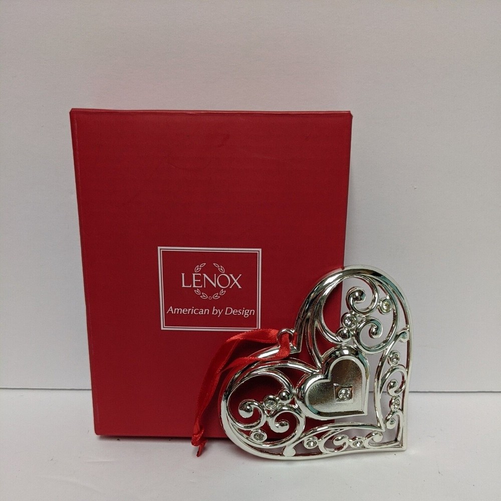Lenox Sparkle and Scroll Heart Ornament Silverplate Clear Crystal